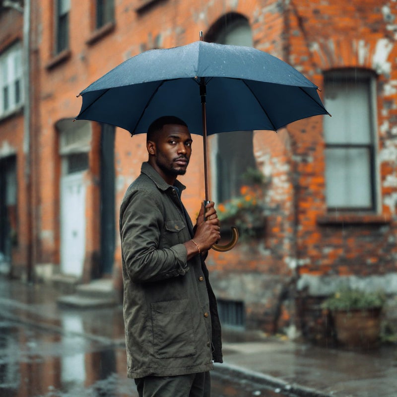 SoulRain 48" Large Umbrella â€“Windproof Stick Umbrellas for Rain, Automatic Open, Vintage Cane Navy Blue big Umbrella with Classic Wooden Handle,Open for 2 Persons adult,for Women & Men(Navy Blue) - Image 3